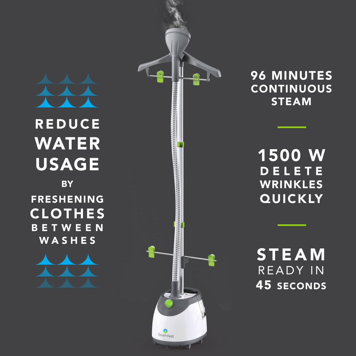 Steamfast SF-567 Full-Size Upright Garment and Fabric Steamer with Clothes Hanger, 1500W, 45-Second Heat Up, 96 Minutes of Continous Steam, 86 fl oz