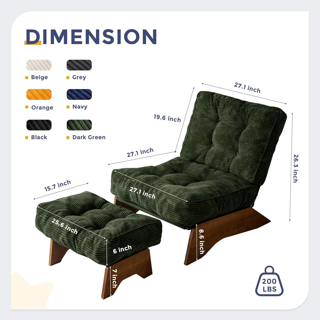 MAXYOYO Accent Chair With Ottoman, Adjustable Backrest, Corded Green, 27.1in W x 27.1in D x 15.7in H