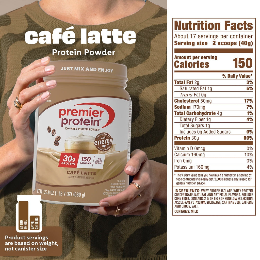 Premier Protein 100% Whey Protein Powder, Café Latte, 30g Protein, 23.9 oz, 1.5lb