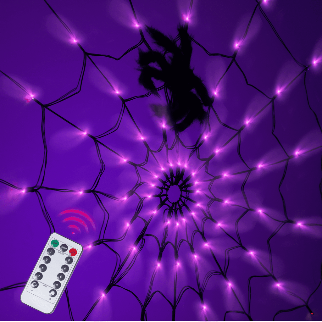 Halloween Decorations Spider Web Lights, 4FT Diameter 70 LED with Black Spider, Waterproof Net Lights, Remote Control