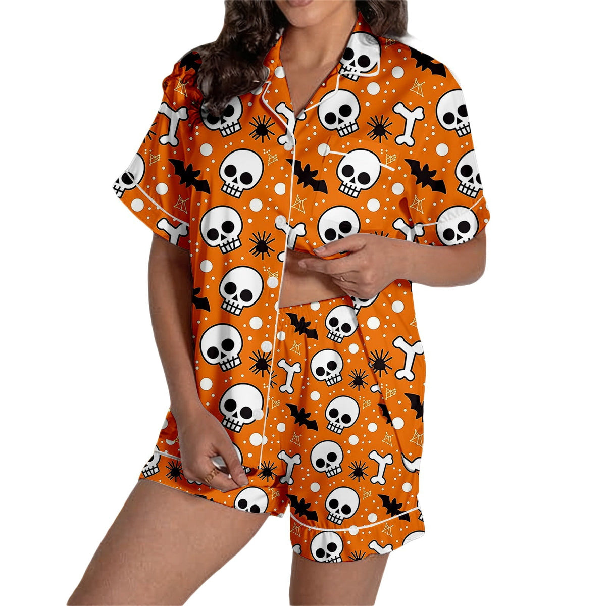 MEZZALL Women Halloween Printed Pajama With Lapel Collar Short Sleeve Tops And Shorts For Home Wear Cozy For Lightweight And Breathable Comfort Relaxed Fit 2 Piece Pjs