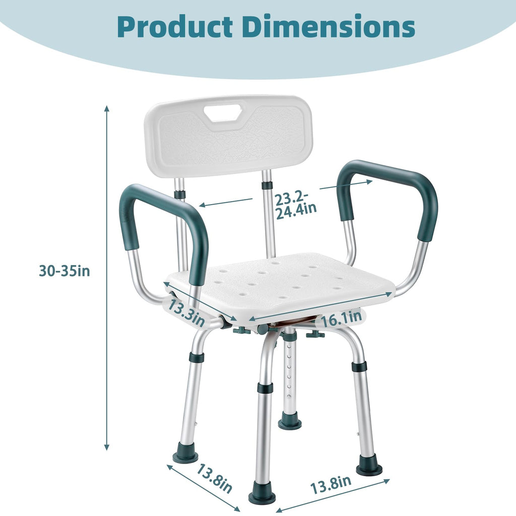 Swivel Shower Chair with Arms and Back, Heavy Duty Shower Seat for Inside Shower Stall and Bathtub, Height Adjustable Safety Bath Seat for Elderly