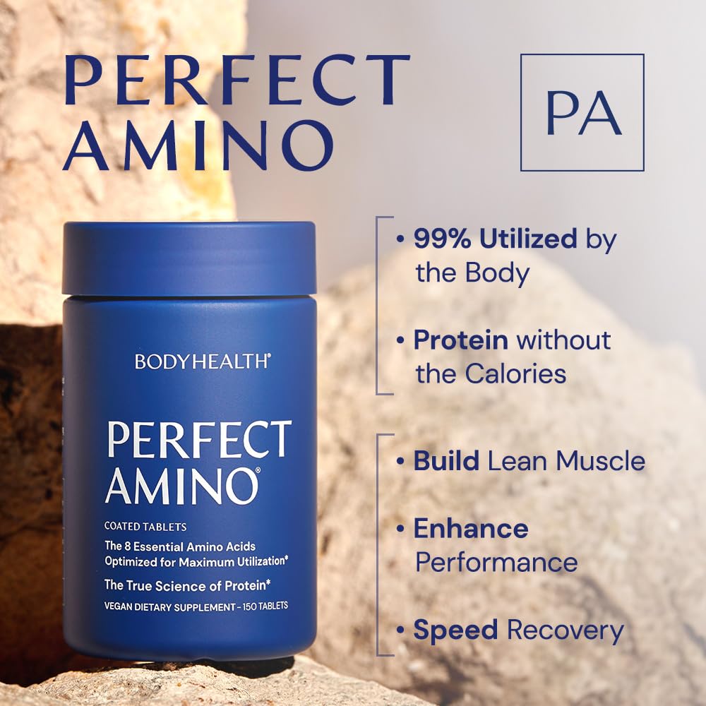 BodyHealth PerfectAmino (150 ct) Easy to Swallow Tablets, Essential Amino Acids Supplement with BCAAs, Vegan Protein for Pre/Post Workout & Muscle