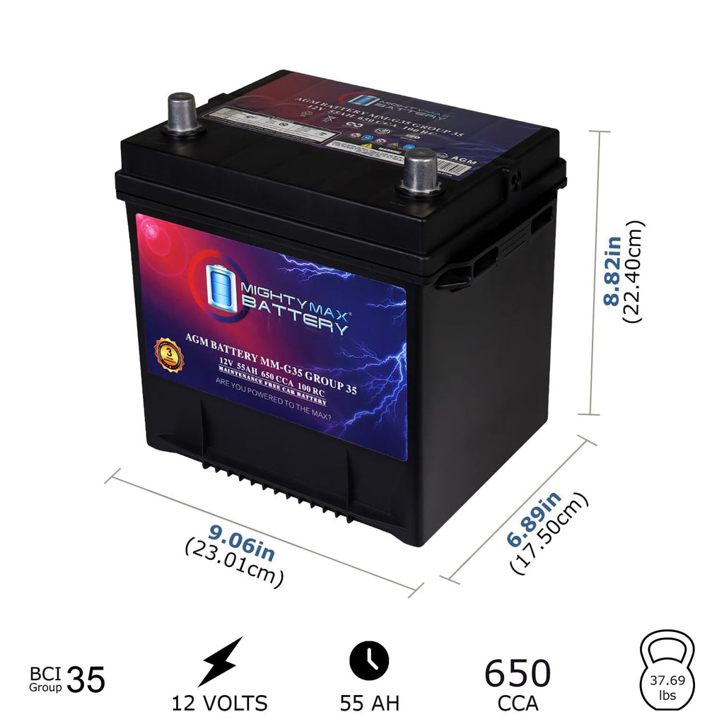 Mighty Max Battery MM-G35 Start and Stop Car BCI Group Size 35 12V 55Ah, 100RC, 650 CCA Rechargeable AGM Car battery