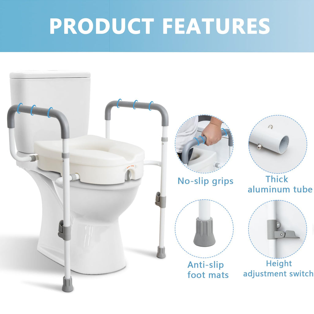 Raised Toilet Seat with Handles for Seniors, 5-inch Rise