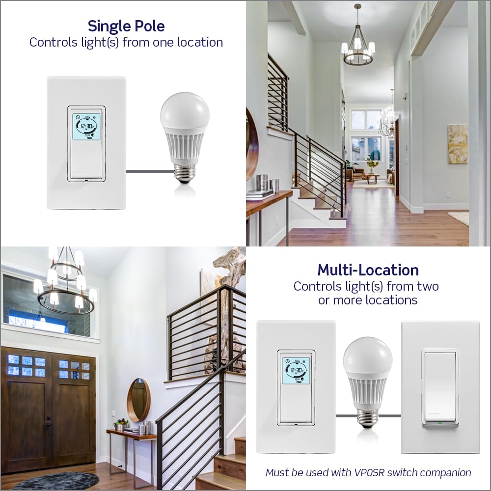 Leviton Decora Programmable and Astronomical Timer Switch for Lights and Motor Loads, Neutral Wire Required, Single Pole or 3-Way, VPT24-1PZ, White