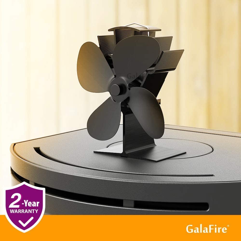 4-Blades Heat Powered Wood Stove Fan + Magnetic Thermometer, 122°F Start Non Electric Eco Fireplace Fan for Gas/Pellet/Log/Wood Burning Stoves