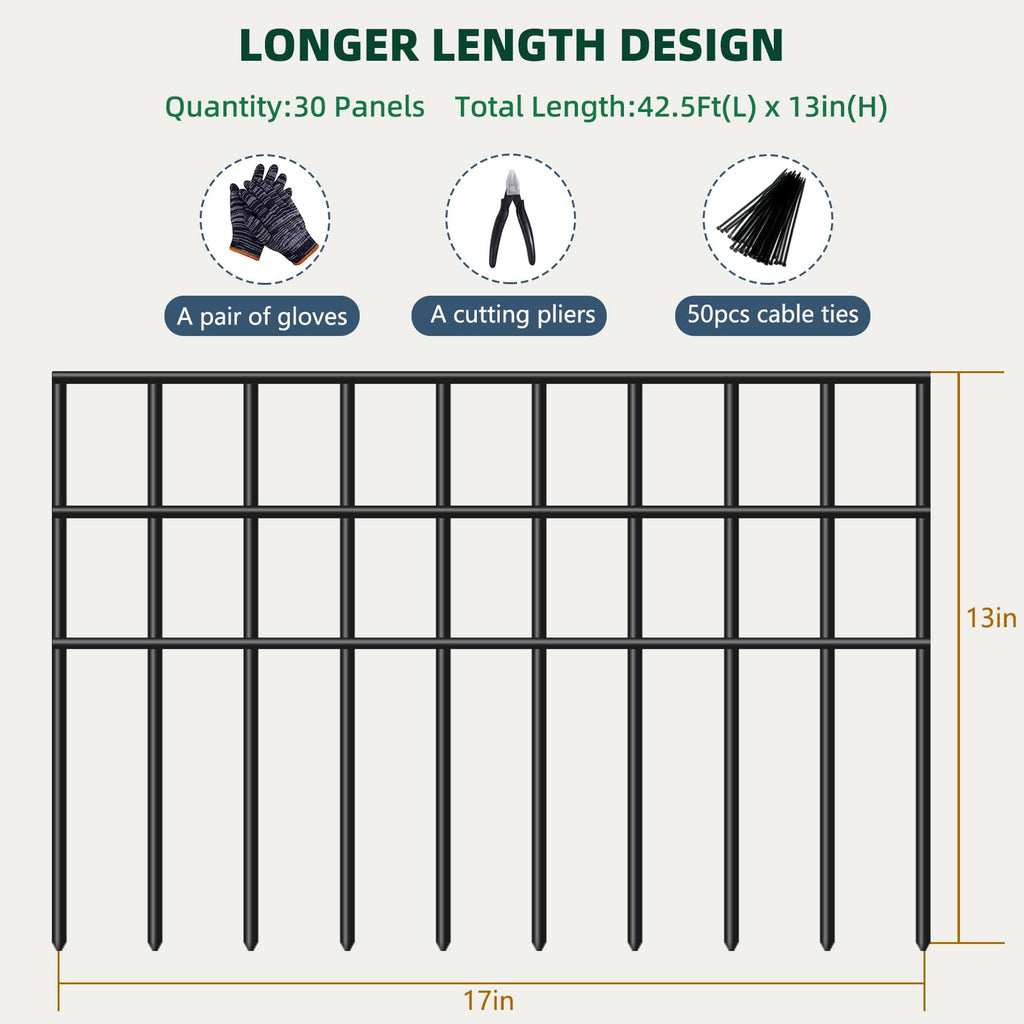 42.5ft(L) x 13in(H) Animal Barrier Fence, 30 Panels No Dig Garden Fence for Dog Rabbit, Rustproof Anti Digging Barrier, Garden Edging Border Ground