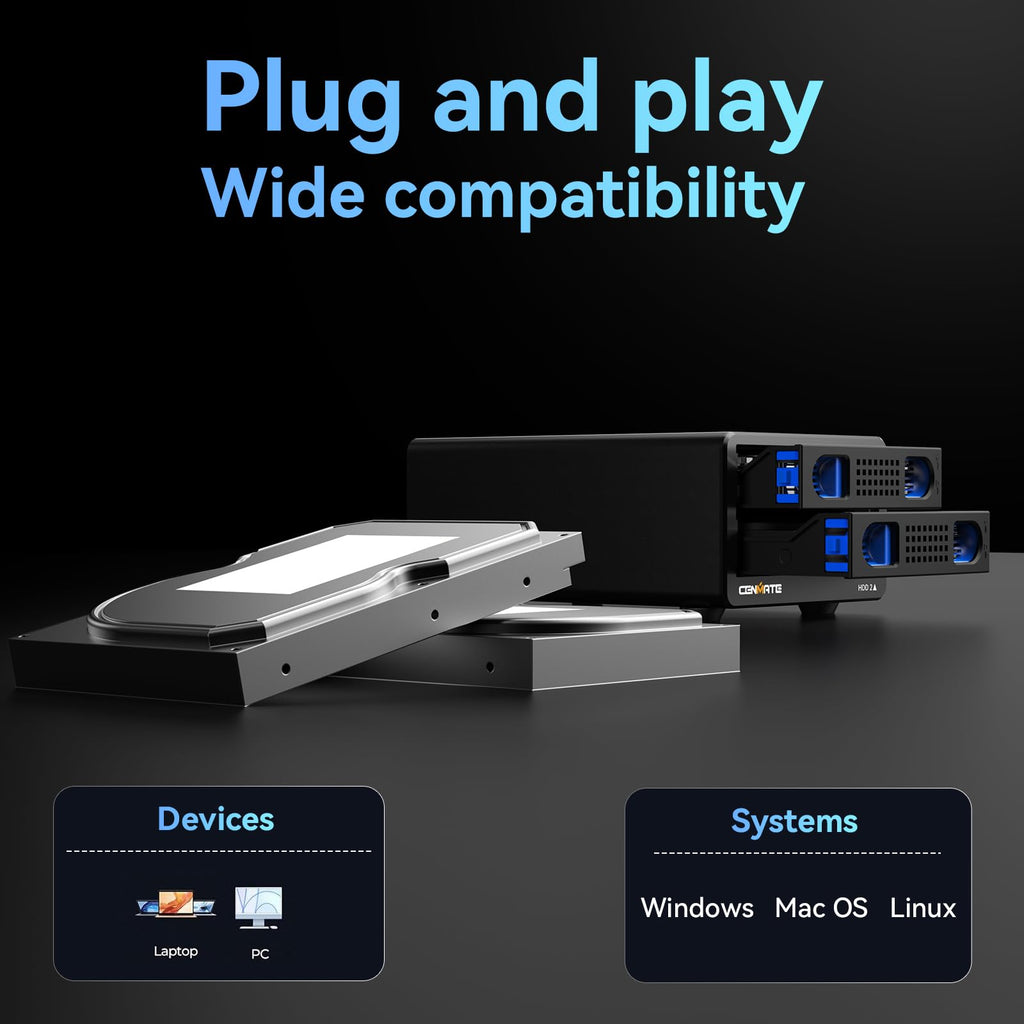 CENMATE Aluminum 2 Bay Hard Drive Enclosure with Cooling Fan for 2.5“/3.5" SATA HDD/SSD with USB A/C 3.0, Support Hot Swappable, Tool-Free HDD