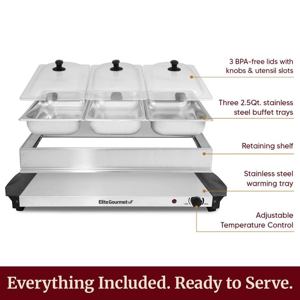 Elite Gourmet 7.5 Qt Triple Buffet Server & Food Warmer, 3 x 2.5 Qt Trays