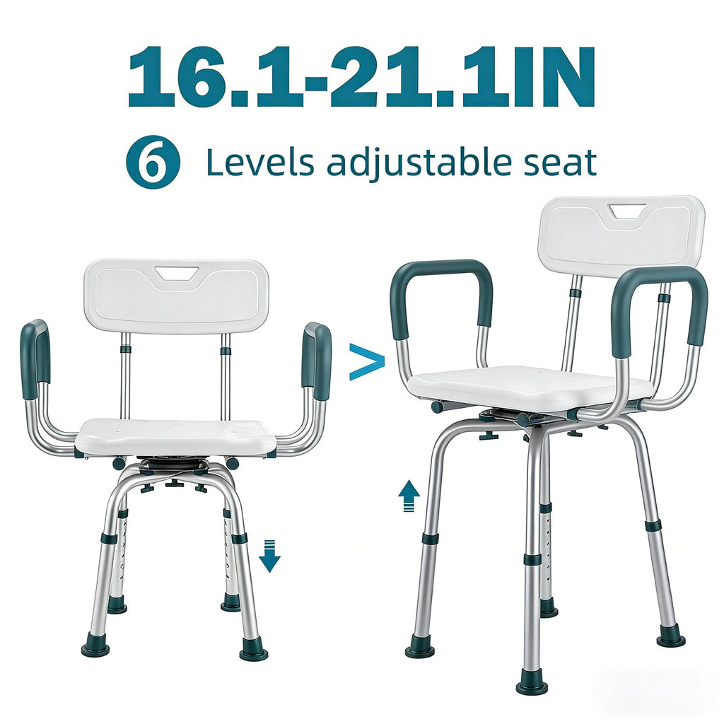 Swivel Shower Chair with Arms and Back, Heavy Duty Shower Seat for Inside Shower Stall and Bathtub, Height Adjustable Safety Bath Seat for Elderly