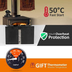 4-Blades Heat Powered Wood Stove Fan + Magnetic Thermometer, 122°F Start Non Electric Eco Fireplace Fan for Gas/Pellet/Log/Wood Burning Stoves