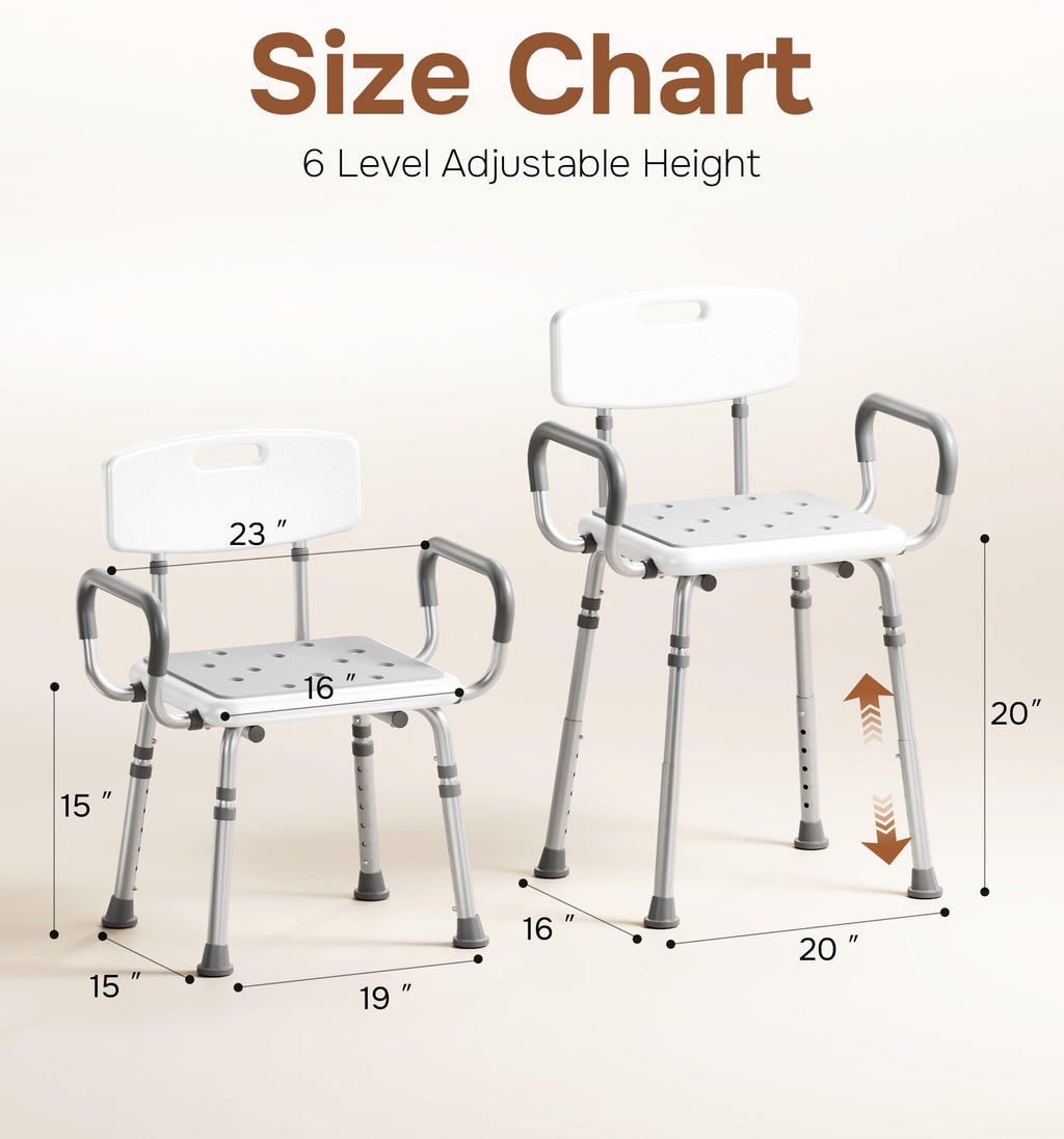 Shower Chair for Inside Shower with Arms and Back, Aluminum Frame
