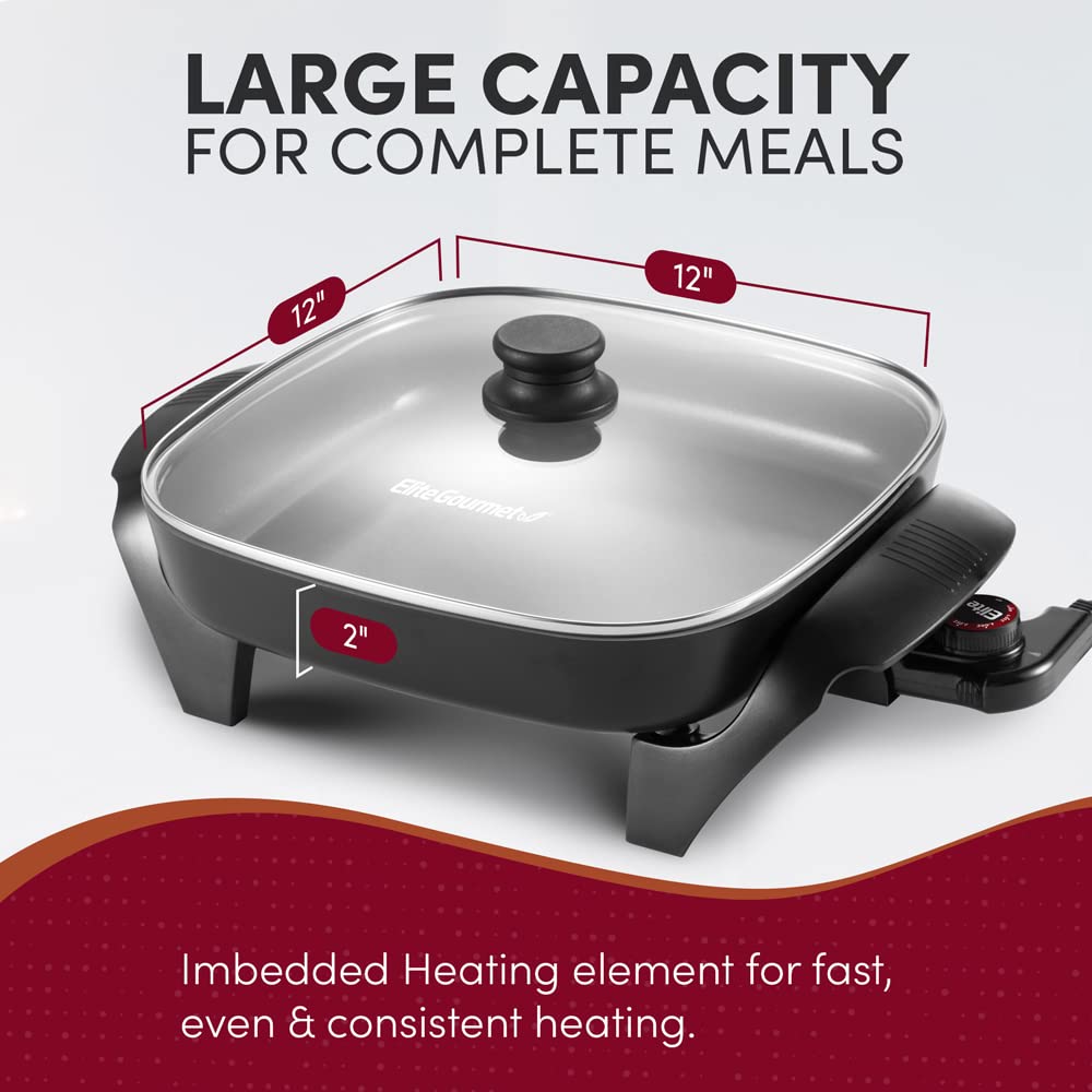 Elite Gourmet 6 Qt Electric Skillet, CERALAST™ Ceramic Nonstick Pan, 1200W