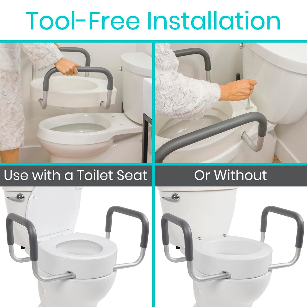 Vive Raised Toilet Seat Riser for Seniors (with Handles) - Handicap Rail