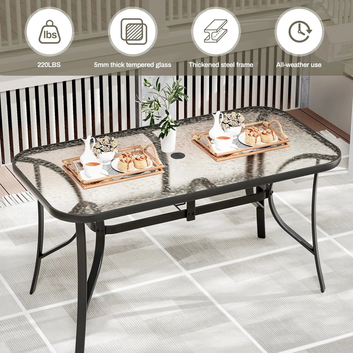 Arlopu Rectangular Patio Dining Table With 5mm Tempered Glass Top