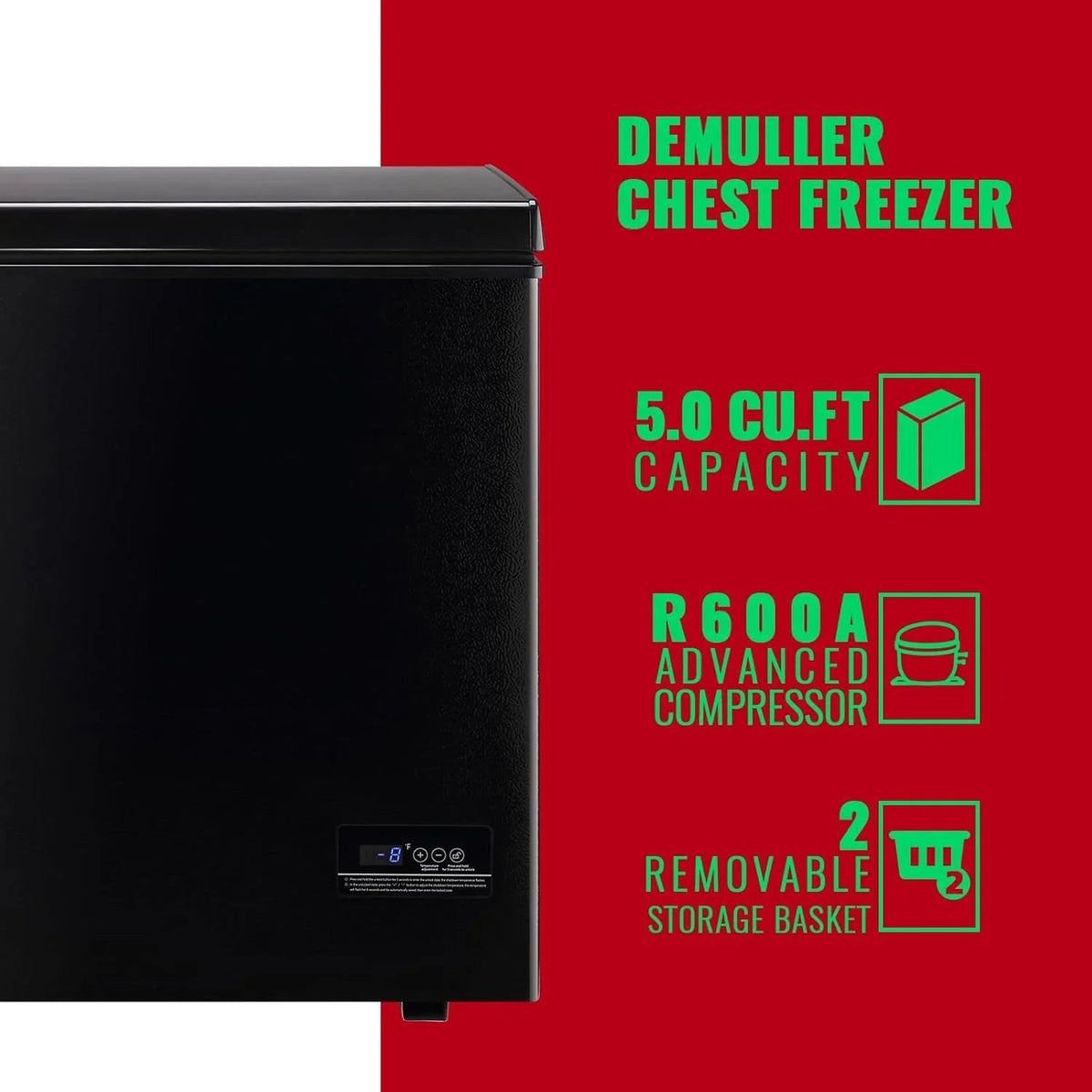 DEMULLER Chest Freezer 5.0 Cubic Feet, Black, 2 Stainless Steel Storage Baskets