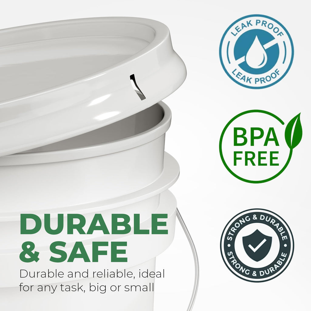5-Gallon White Bucket Pail Container with Lid | Food Grade | Heavy-Duty Approx 90 MIL Extra Durable | Metal Handles with Plastic Grip | Multi-Use