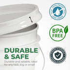 5-Gallon White Bucket Pail Container with Lid | Food Grade | Heavy-Duty Approx 90 MIL Extra Durable | Metal Handles with Plastic Grip | Multi-Use