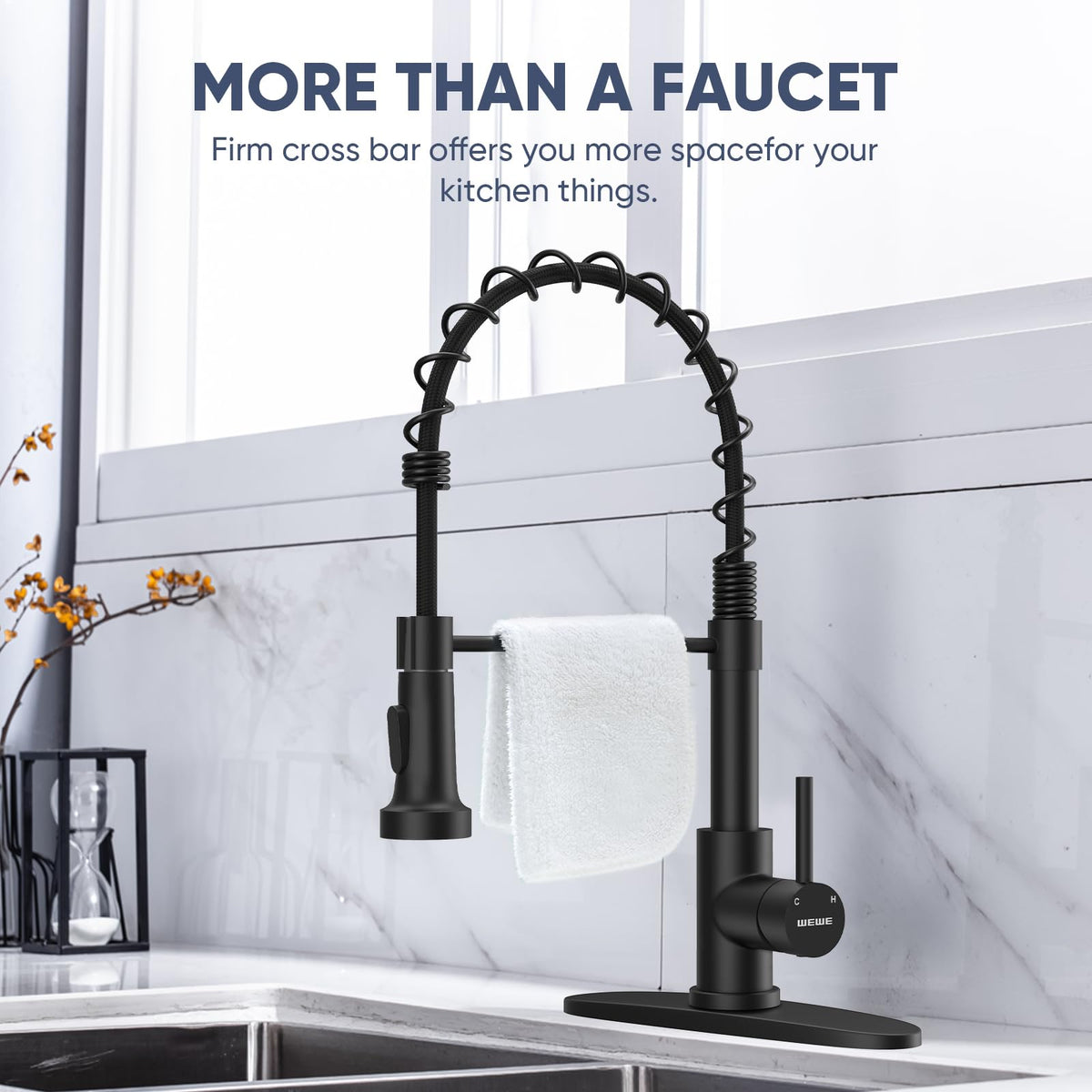 WEWE Black Kitchen Faucet with Pull Down Sprayer, High Arc Bar Sink Faucet