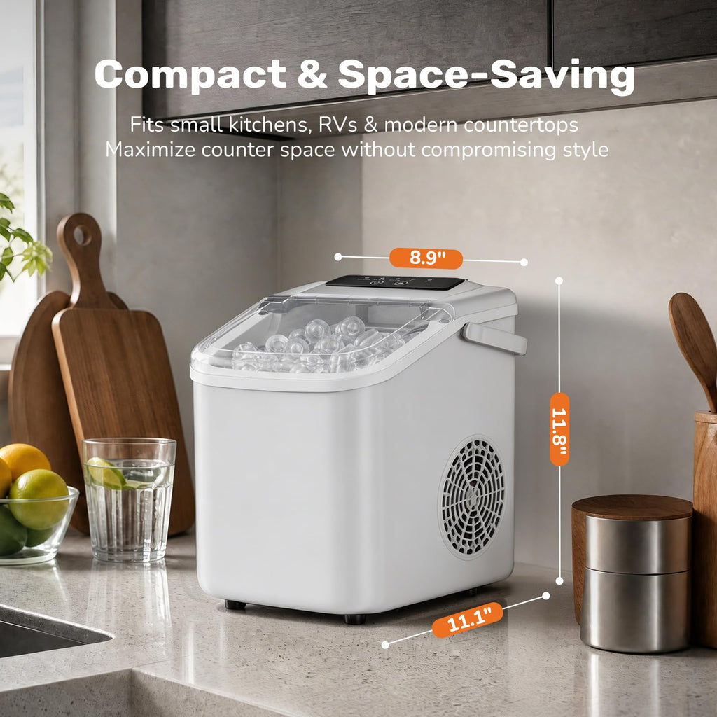 Sweetcrispy Countertop Ice Maker with Scoop, Basket and Handle, Portable Ice Machine 9 Cubes Ready in 6 Mins, 26.5lbs in 24Hrs, 2 Sizes for Home