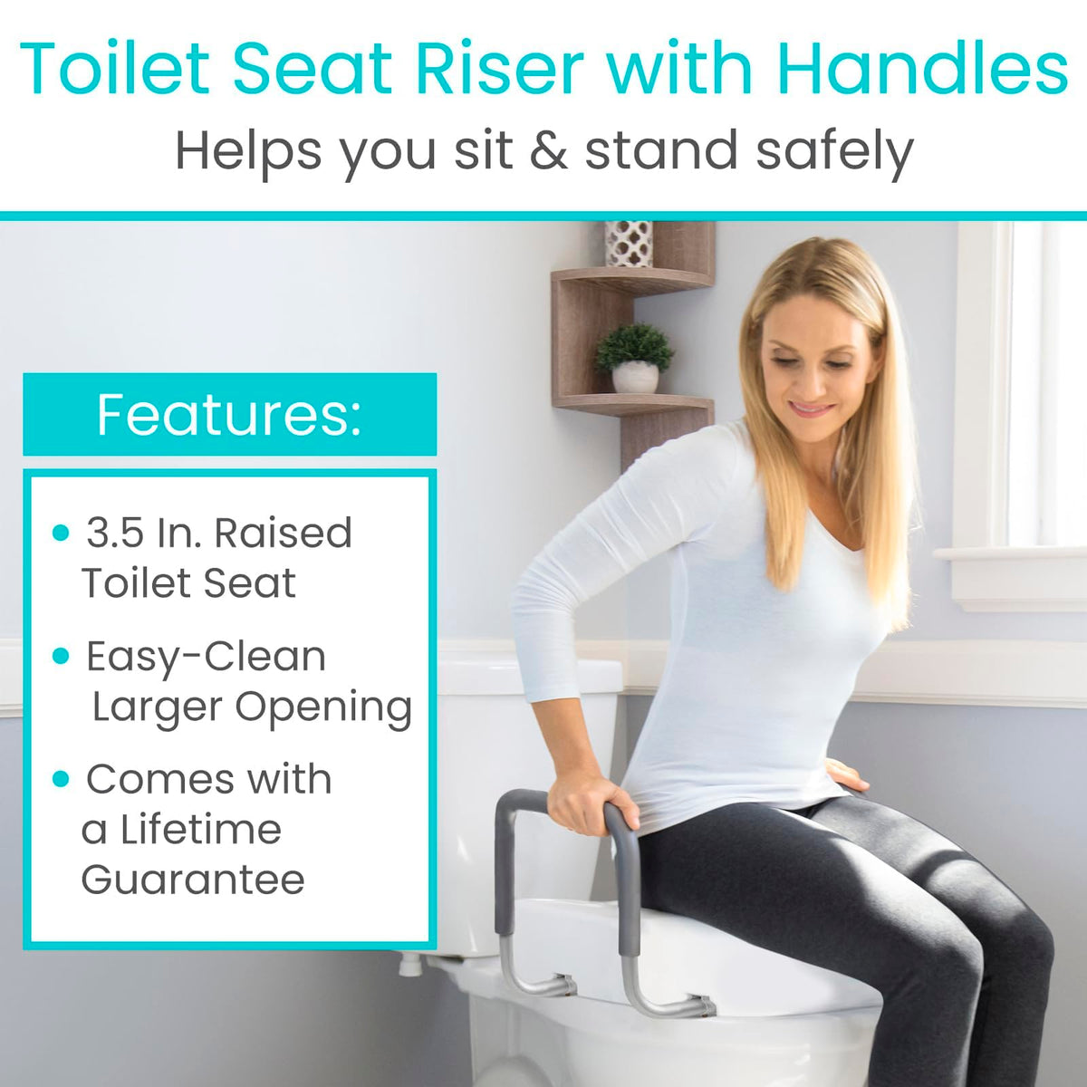 Vive Raised Toilet Seat Riser for Seniors (with Handles) - Handicap Rail