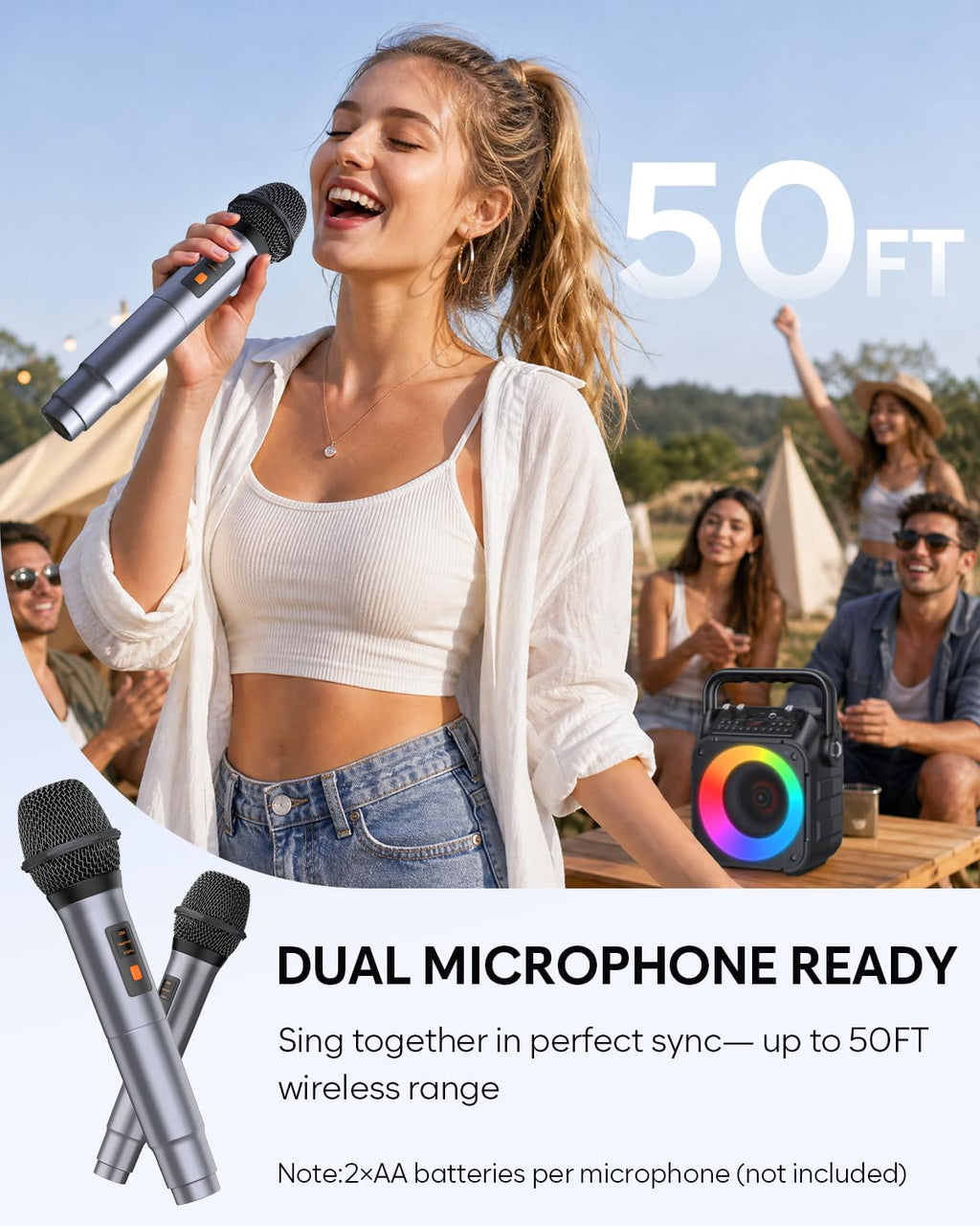 Karaoke Machine, Portable Bluetooth Speaker with 2 Wireless Microphones