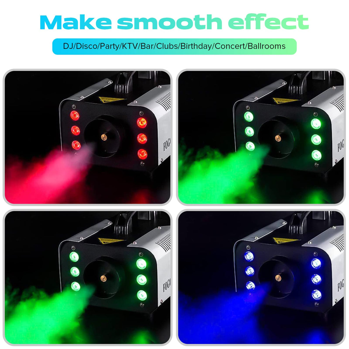 1200W RGB Fog Machine, 6 Colorful LED Lights for Smoke Machine Indoor/Outdoor Use, Perfect for Parties, Weddings, and Stage Effects