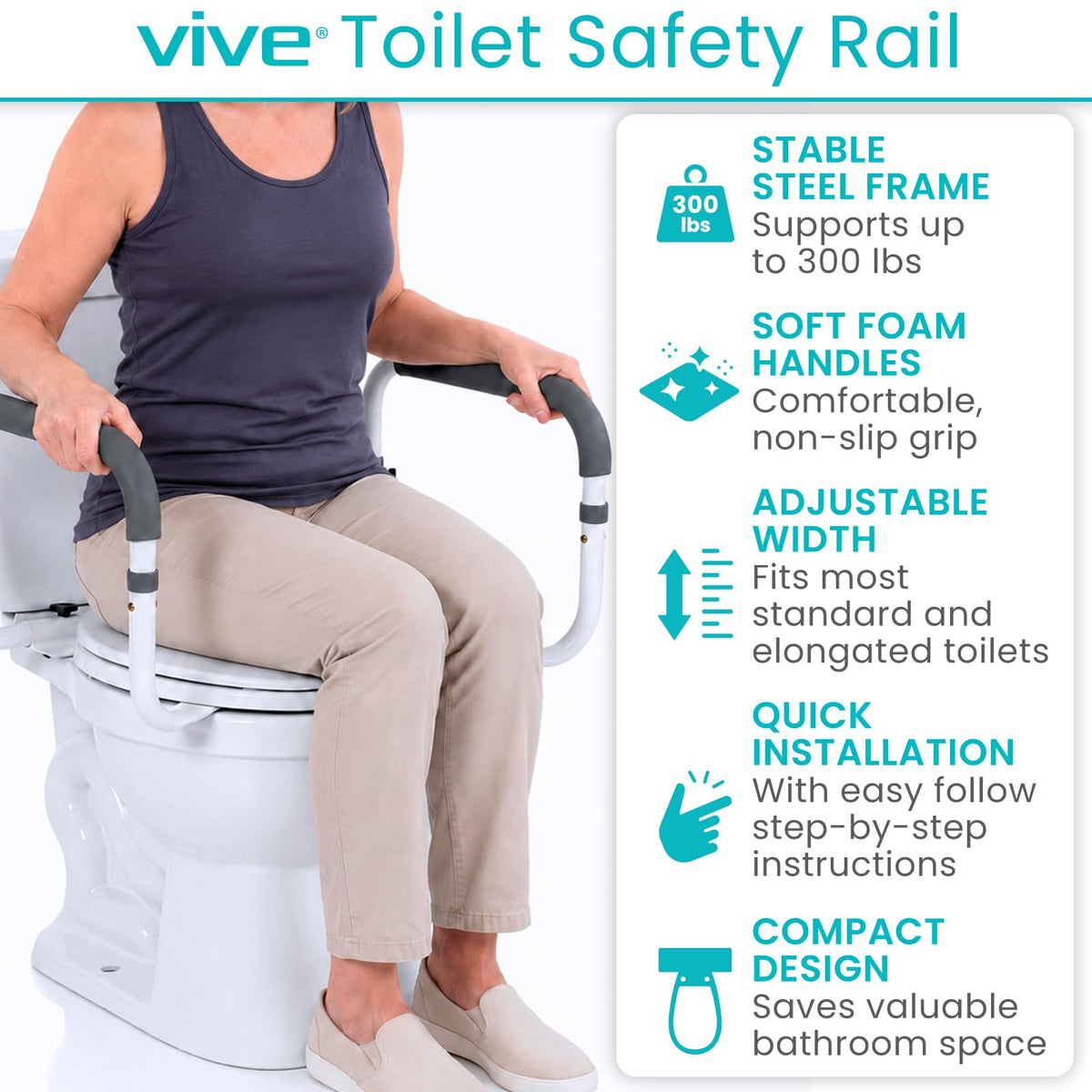 Vive Toilet Safety Rail - Adjustable Grab Bar - Compact Support Frame