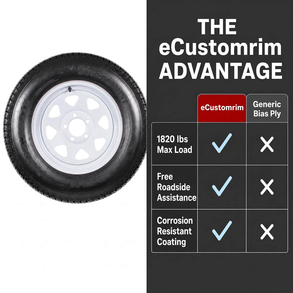 eCustomrim 2 Pack Trailer Tire Assembly ST205/75D15 Load C 5 Lug White