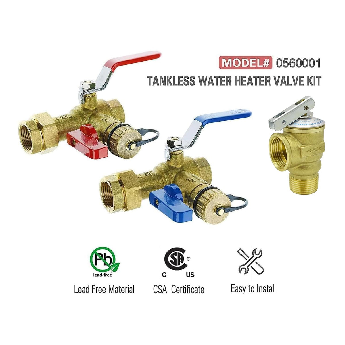 Tankless Water Heater Service Valve Kit with Pressure Relief Valve 3/4-Inch IPS Isolator Clean Brass
