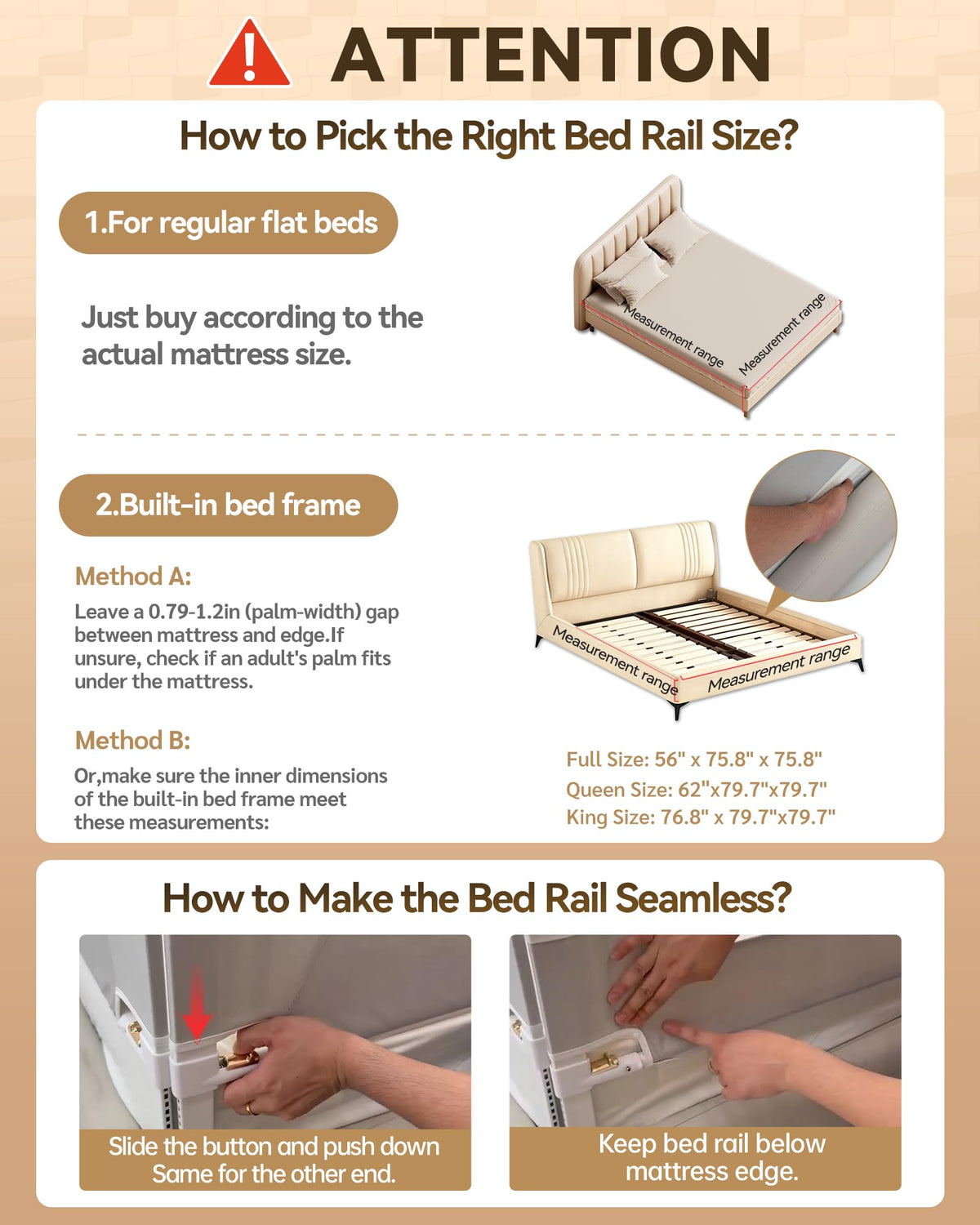 3 Piece Bed Rails for King Size Bed, No-Drill Needed Baby Bed Rail Guard