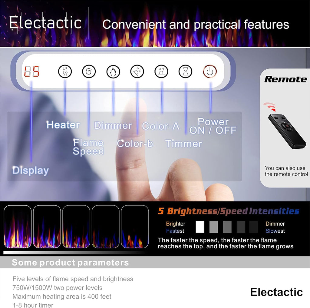 Electactic 36 Inch Electric Fireplace Insert Ultra-Thin - Recessed & Wall-Mounted Fireplace Heater with Thermostat, Adjustable Flame, Remote Control