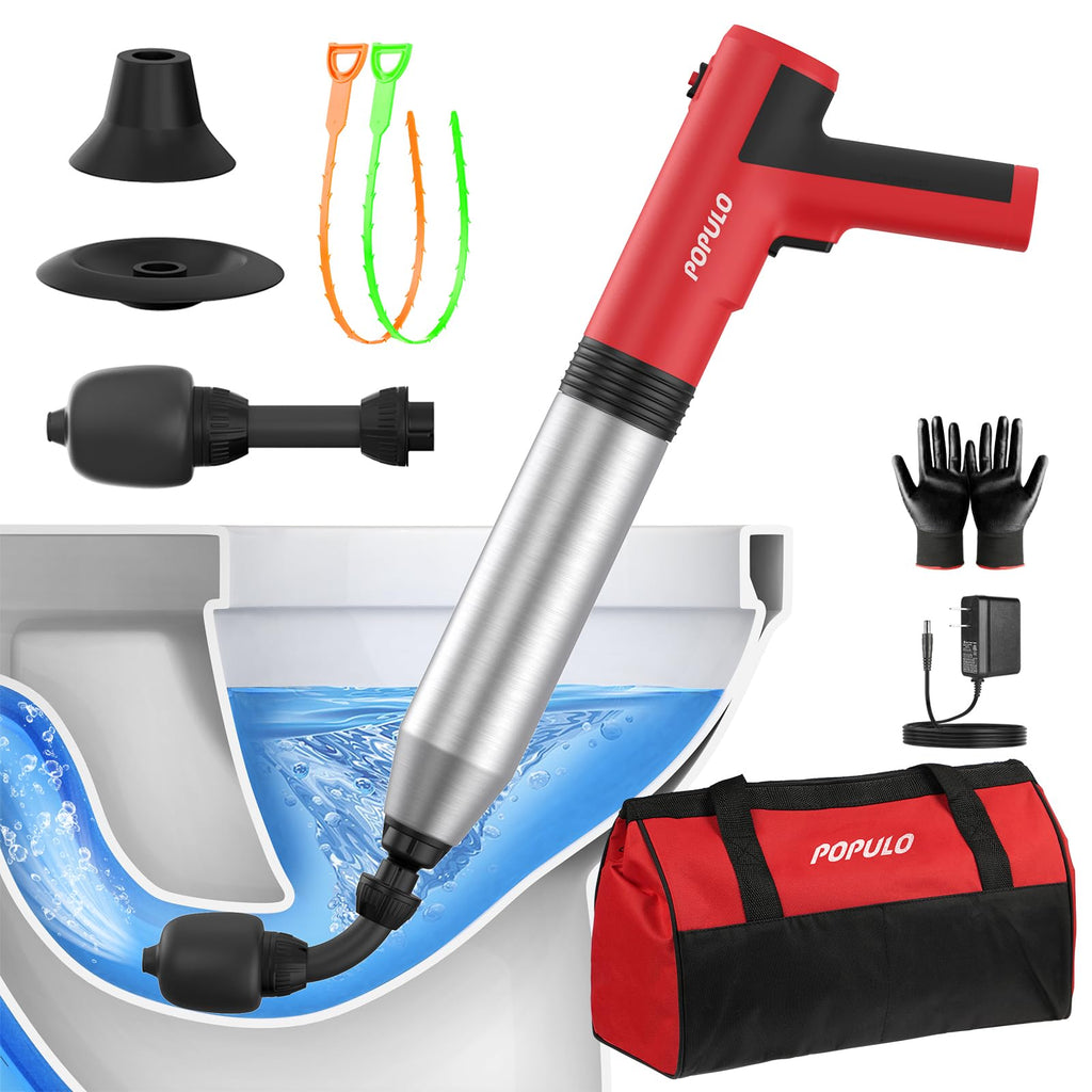 POPULO Electric Toilet Plunger, 5 Bar Air Clog Remover with Built-In Pump