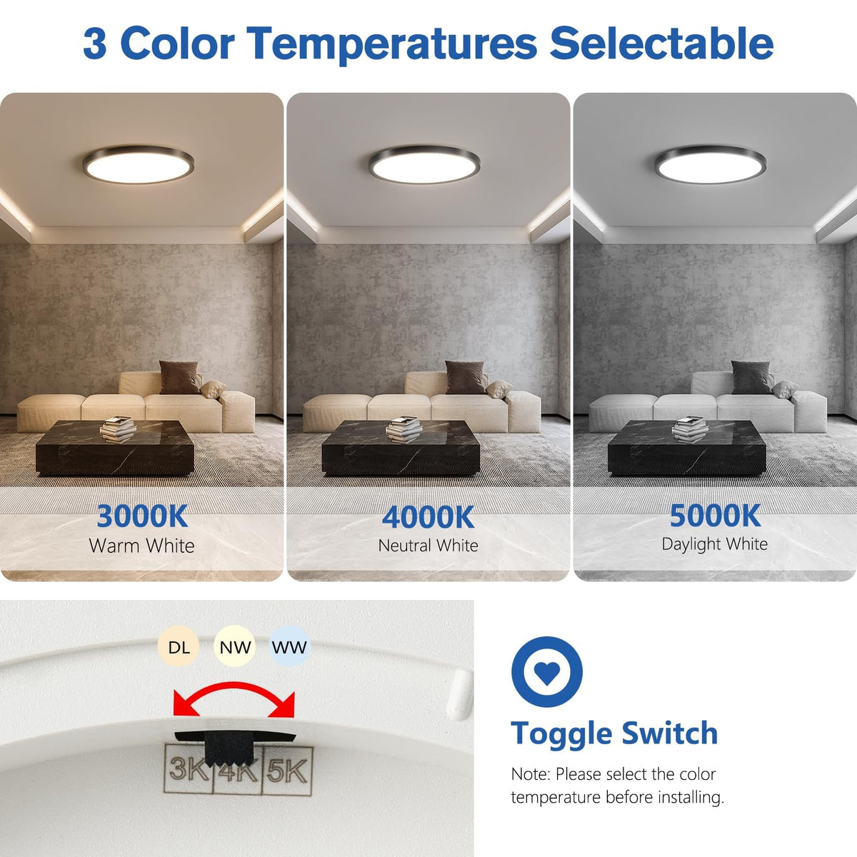 6 Pack 12 Inch Hardwired Dimmable LED Flush Mount Ceiling Light Fixtures, 24W 2640LM 3000K/4000K/5000K, House Upgrade Led Lights for Bedroom Hallway