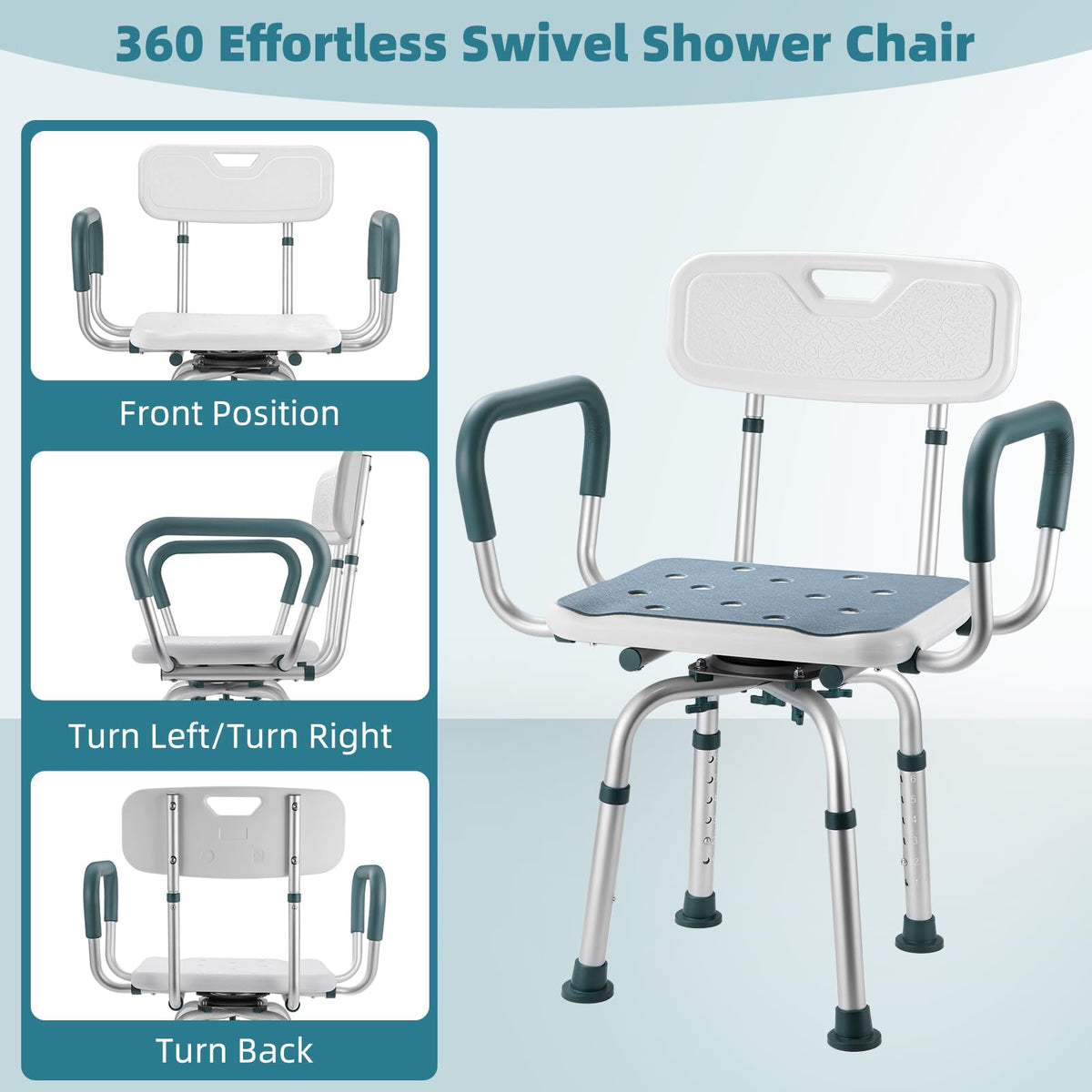 Swivel Shower Chair with Arms and Back, Heavy Duty Shower Seat for Inside Shower Stall and Bathtub, Height Adjustable Safety Bath Seat for Elderly