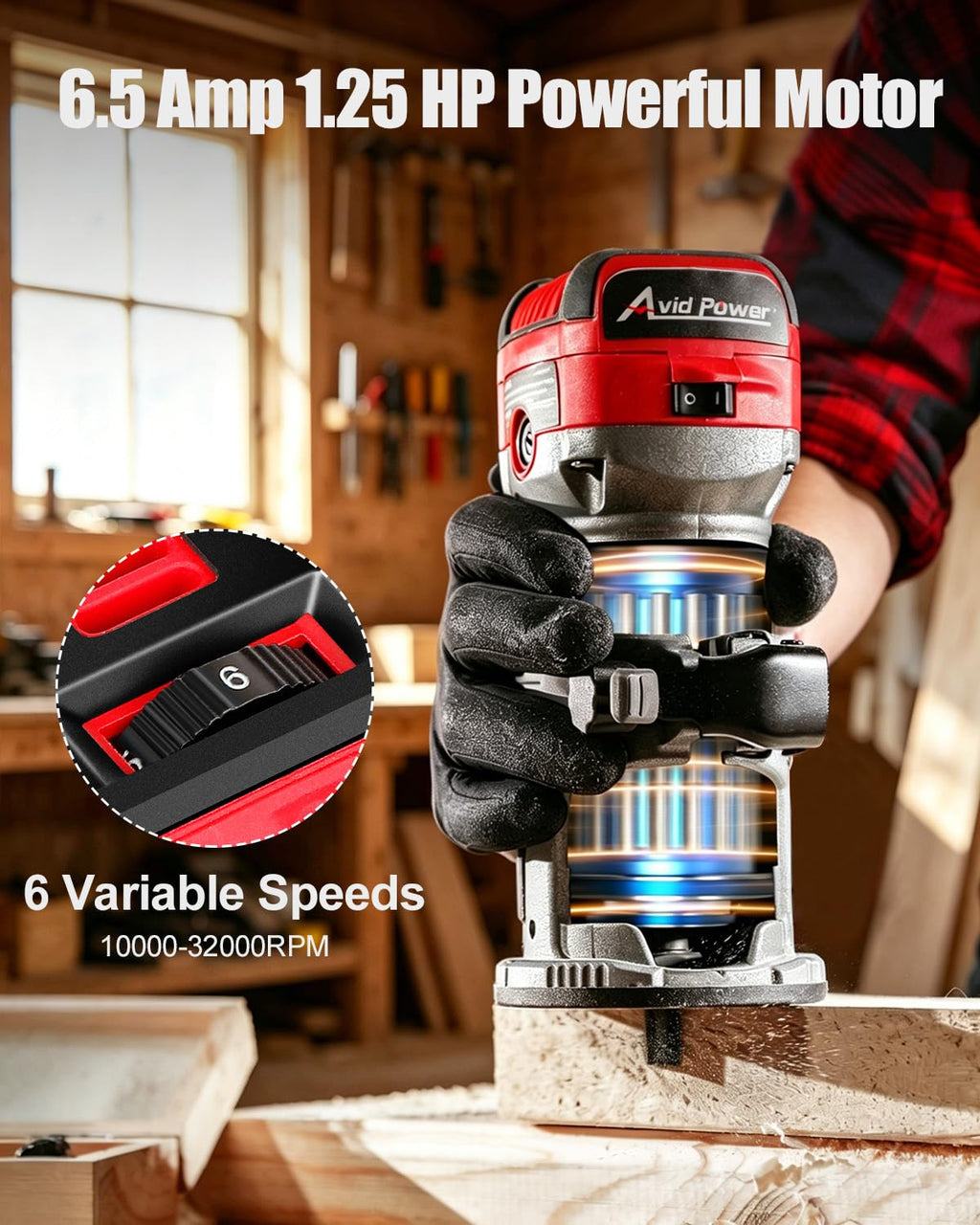 AVID POWER 6.5 Amp 1.25 HP Compact Router Tools for Woodworking, Fixed Base Wood Router with Trim Router Bits, 6 Variable Speeds, Edge Guide, Roller
