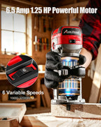 AVID POWER 6.5 Amp 1.25 HP Compact Router Tools for Woodworking, Fixed Base Wood Router with Trim Router Bits, 6 Variable Speeds, Edge Guide, Roller