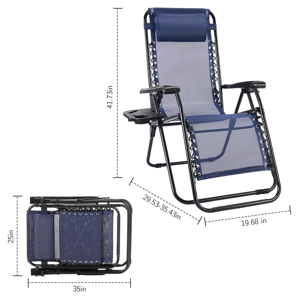 Sweetcrispy Zero Gravity Chairs Set of 2, Outdoor Folding Reclining Lounge Chair with Cup Holder Tray & Adjustable Pillow, Portable Camping Beach