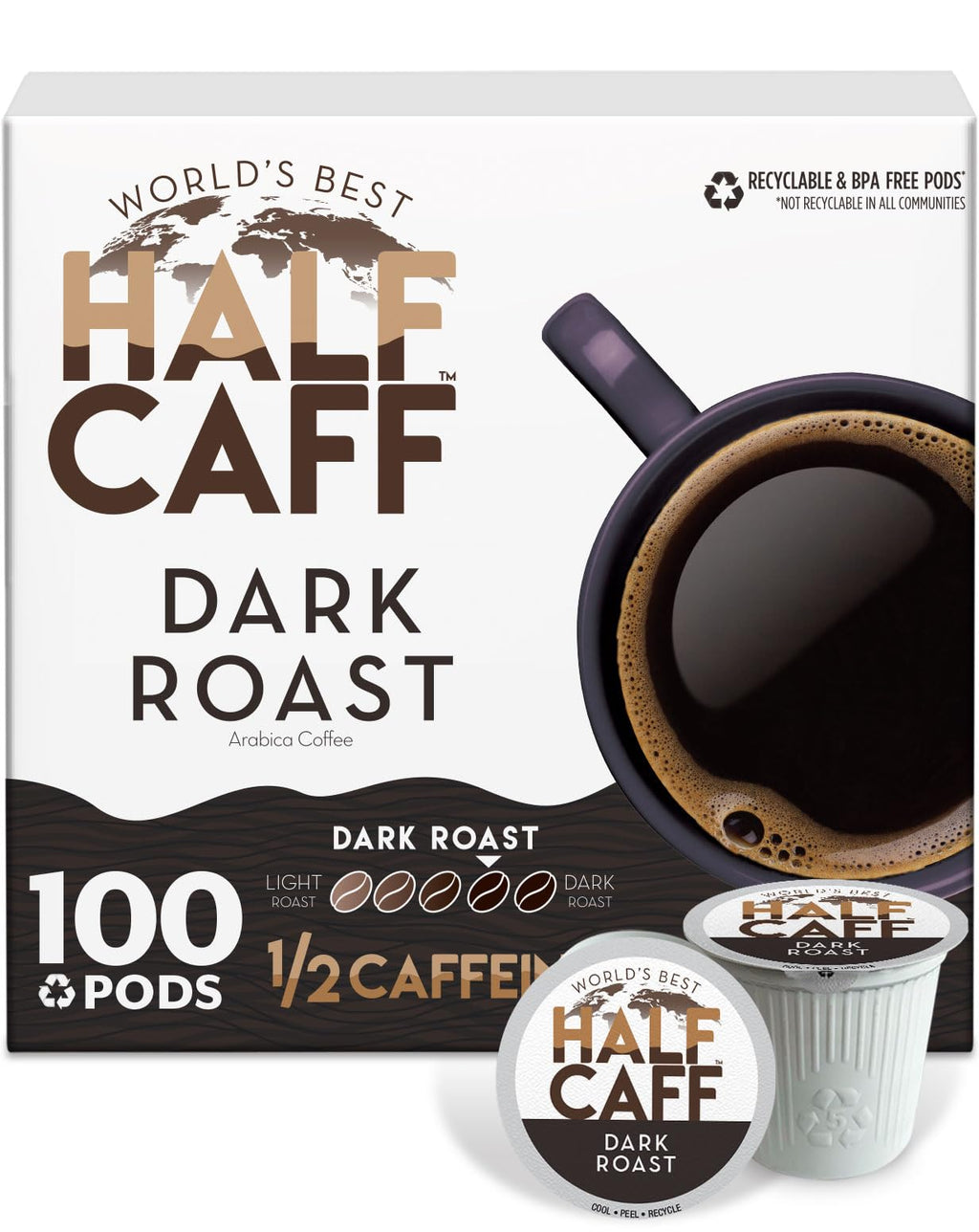World's Best Half Caff Dark Roast Coffee Pods 100ct Keurig Compatible