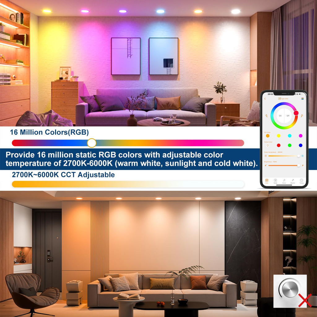 Smart Recessed Lighting 4 Inch RGBCW Color Changing 12W LED Downlight with Junction Box,1080 Lumen Recessed Ceiling Light Compatible with Alexa