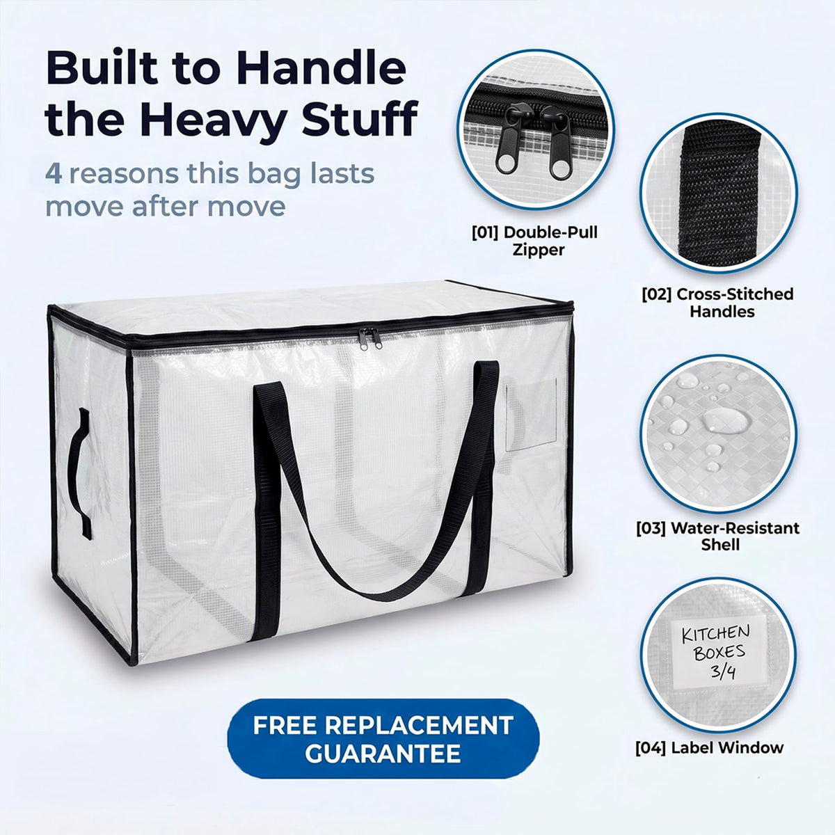 ClearSpace Heavy Duty Moving Bags - Water Resistant Storage Bags with Backpack Straps, Zippers and Handles - Large Moving Boxes for College Dorm