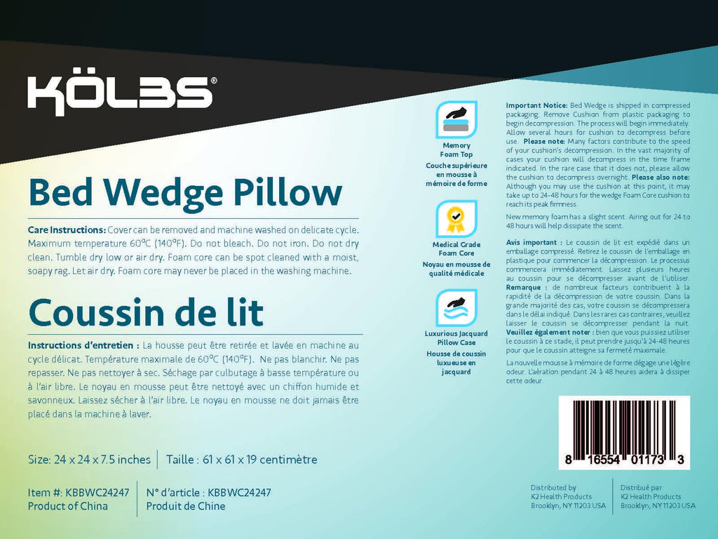 Kolbs Bed Wedge Pillow for Sleep Apnea, FSA Eligible Acid Reflux, and Back Pain Relief, with Chic Jacquard Cover - Headboard Wedges for Sleeping