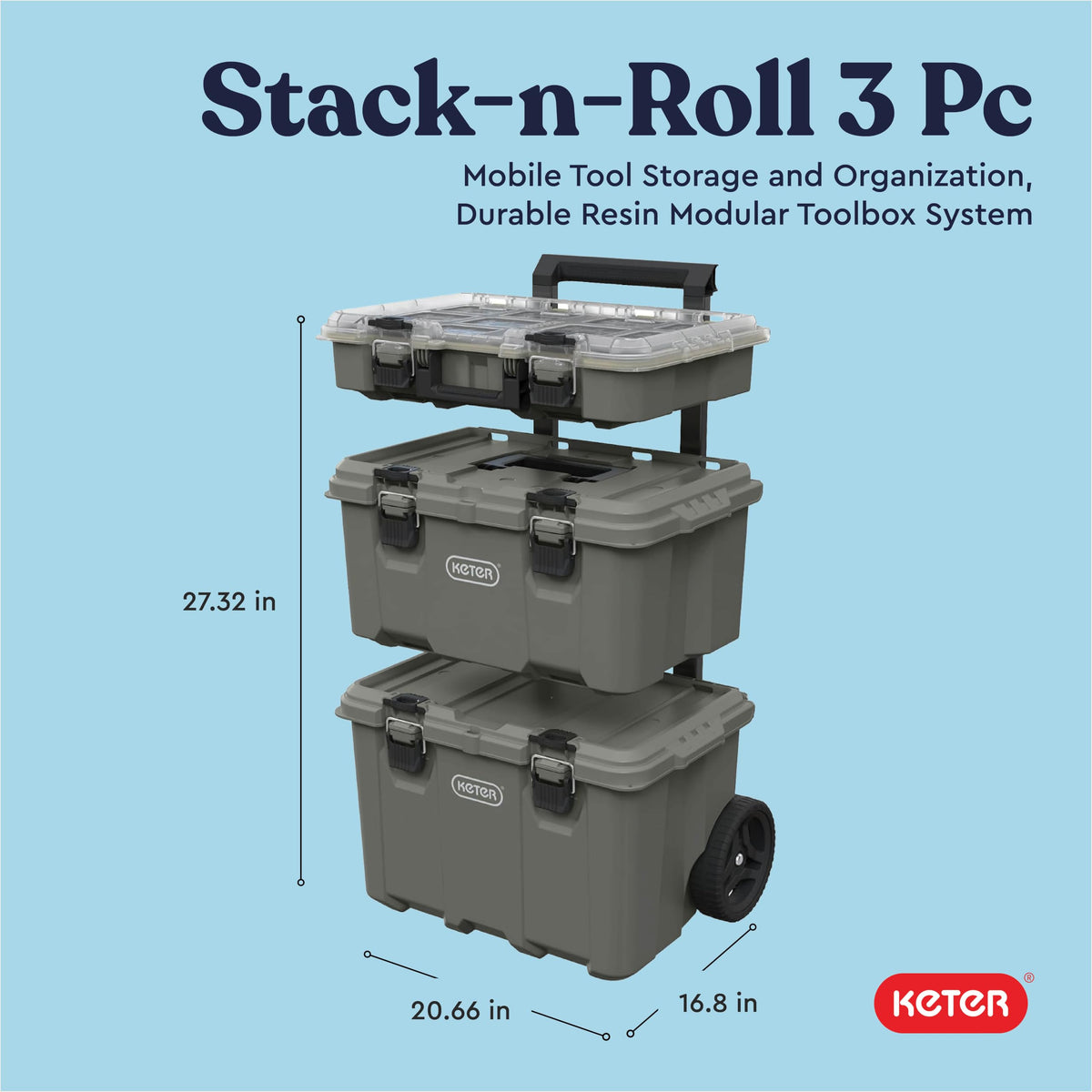 Keter Stack-N-Roll Outdoor Gear Organizer, 3-Piece Rolling Storage System