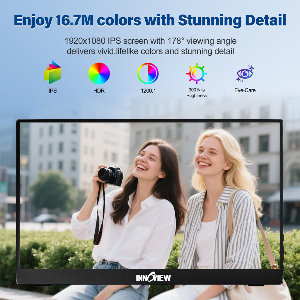 InnoView Portable Monitor 15.6" 1080P for Laptop with Storage Bag, Built-in 90° Adjustable Stand USB C HDMI Ultra-Slim Portable Laptop Monitor for