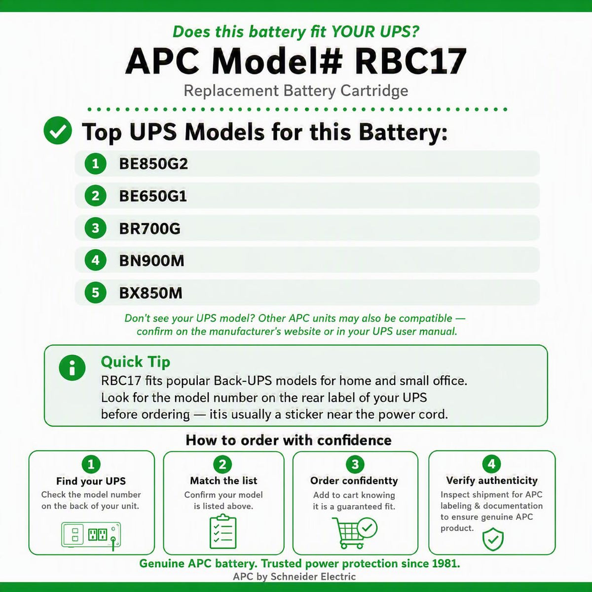 APC Genuine UPS Replacement Battery RBC17 for Models BE650G1 BE850G2 BR700G