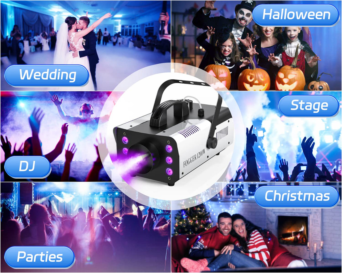 1200W RGB Fog Machine, 6 Colorful LED Lights for Smoke Machine Indoor/Outdoor Use, Perfect for Parties, Weddings, and Stage Effects