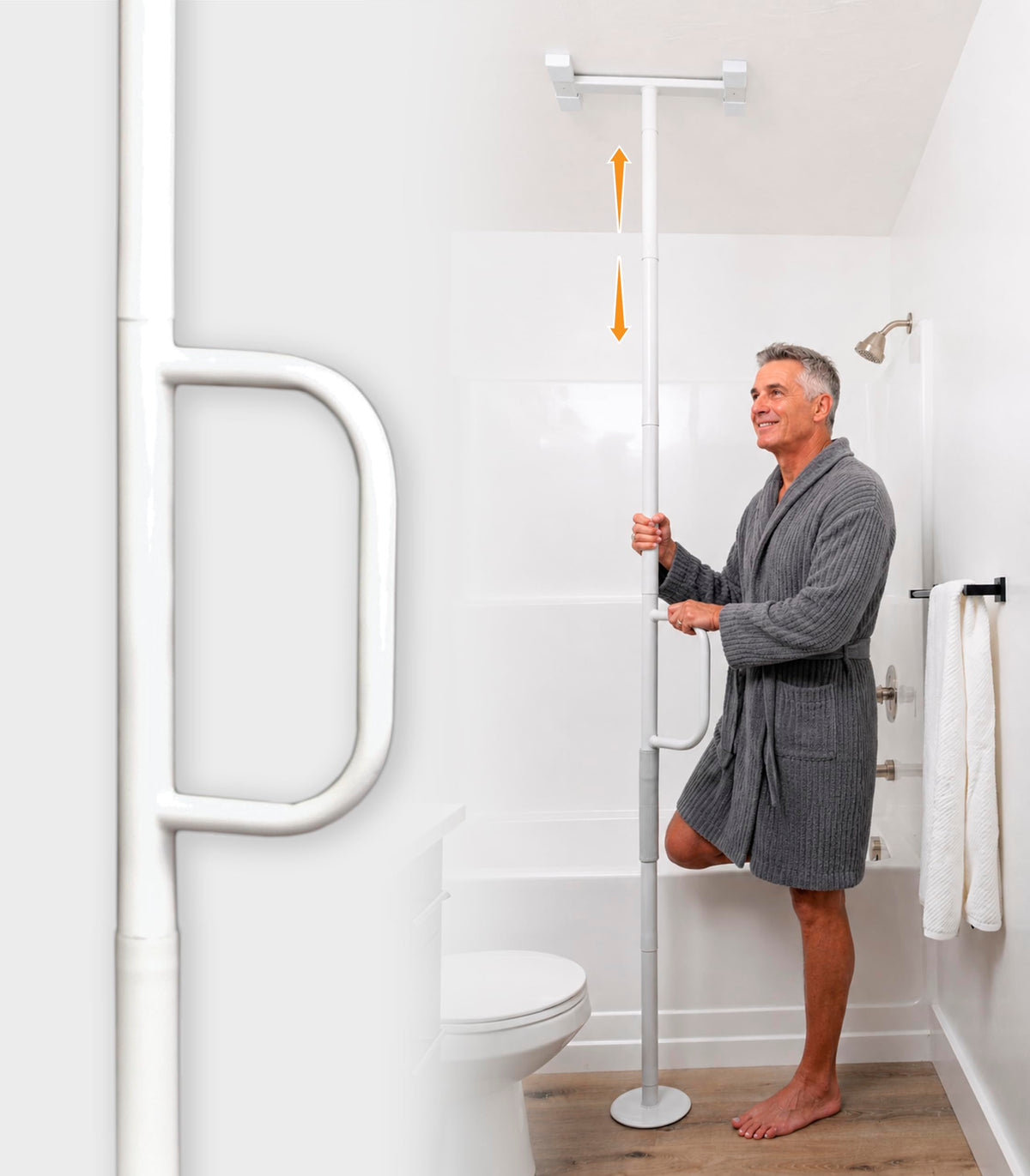 Stander Single Handle Non-Rotating Floor to Ceiling Grab Bar, No-Drill Tension Mounted Transfer Pole for Seniors, Bath Safety & Bedside Assist Rail