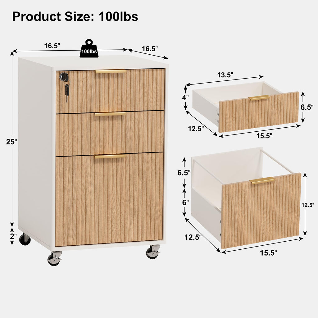 3 Drawers Fluted Mobile File Cabinet with Lock, Rolling File Cabinet Printer Stand Table, Under Desk Wooden Filing Cabinets for Home Office