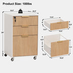 3 Drawers Fluted Mobile File Cabinet with Lock, Rolling File Cabinet Printer Stand Table, Under Desk Wooden Filing Cabinets for Home Office